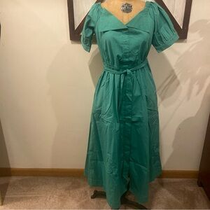 LOFT green off the shoulder, midi dress button down